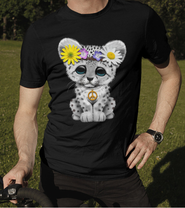 Cute Hippie Snow Leopard Cub Peace Sign Flower Crown T-Shirt