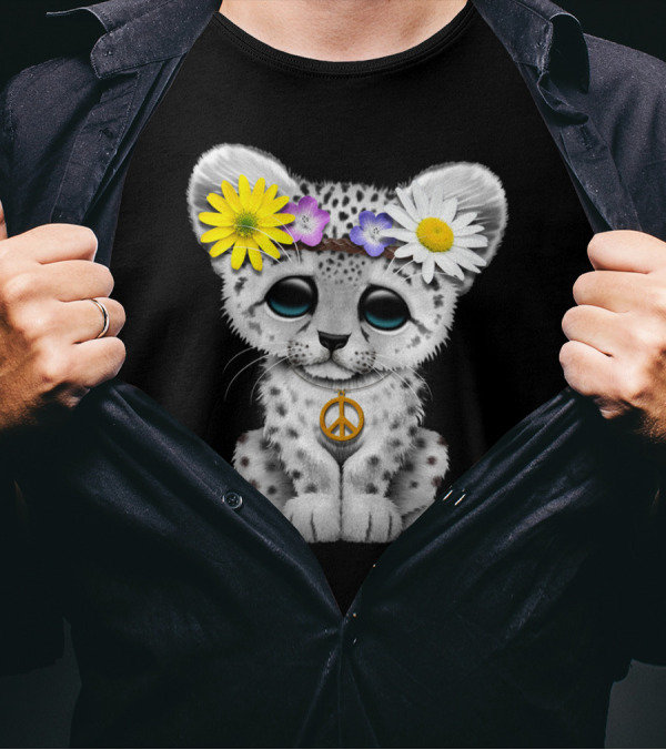 Cute Hippie Snow Leopard Cub Peace Sign Flower Crown T-Shirt