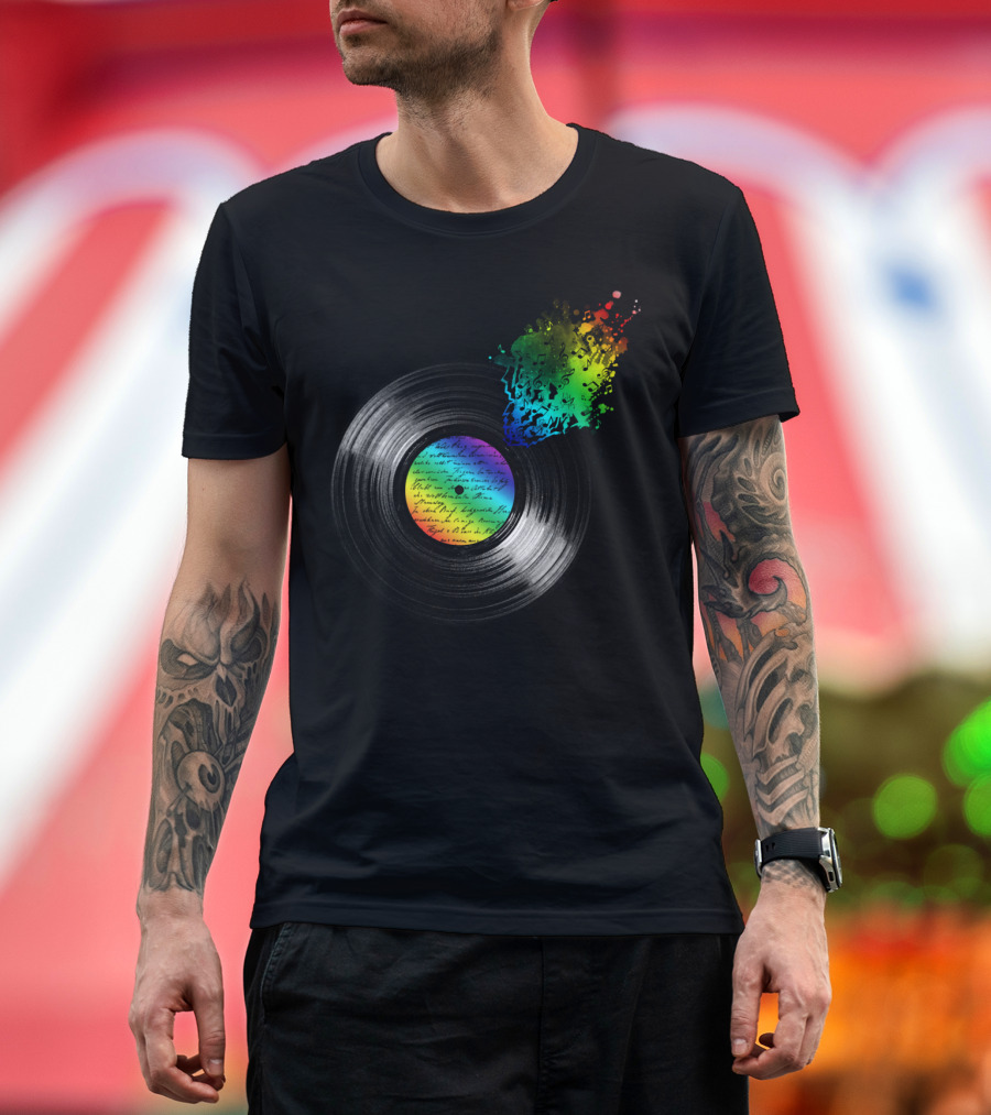 Broken Vinyl Explosion with Colorful Musical Notes T-Shirt
