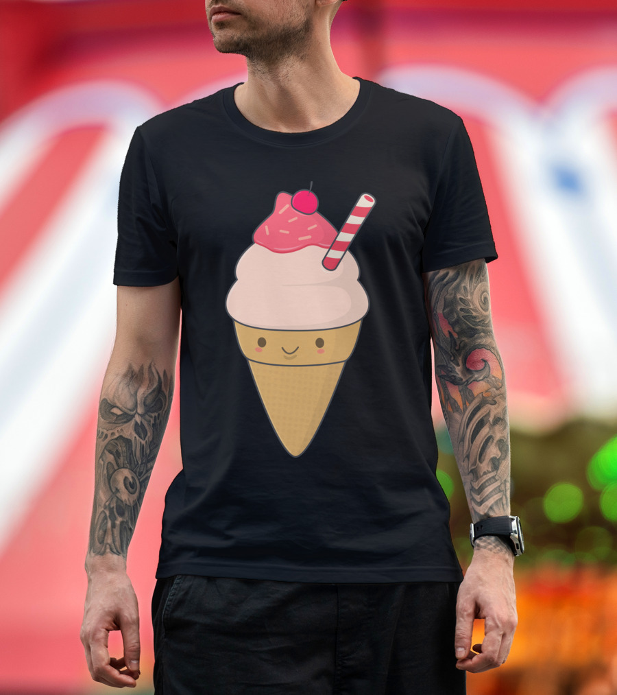 Cute Ice Cream Cone with Cherry and Straw T-Shirt