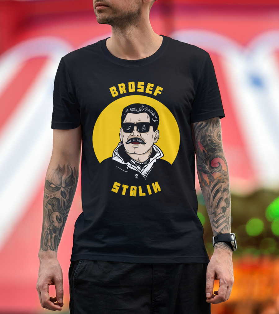 Brosef Stalin Circle Portrait with Yellow Background and Sunglasses T-Shirt