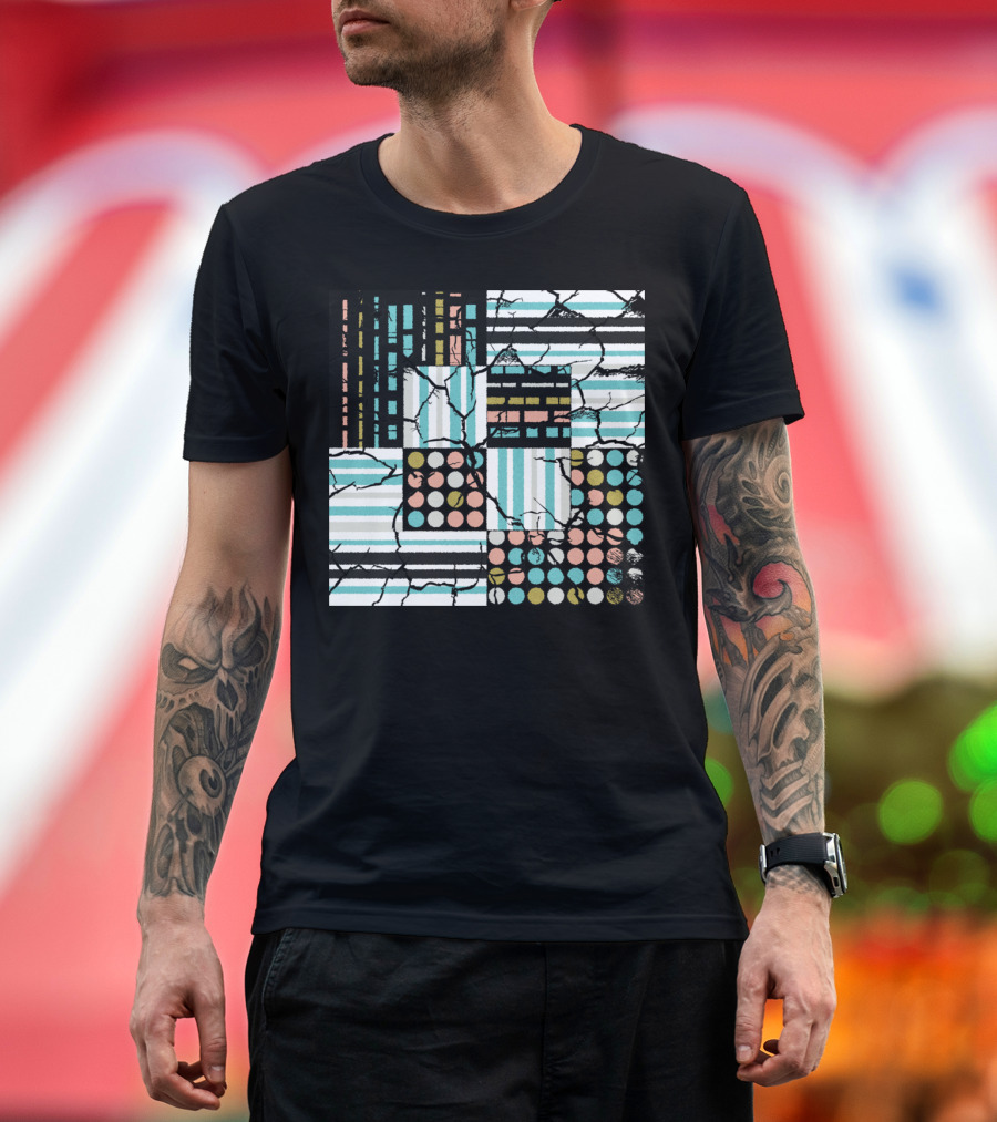 Striped and Dotted Distressed Pattern Squares T-Shirt