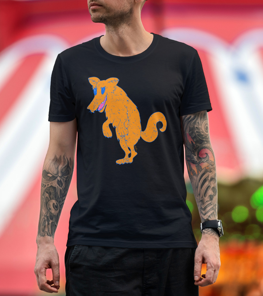 Foxtrot Cartoon Canine Character with Blue Spotted Orange Fur and Pink Grin T-Shirt