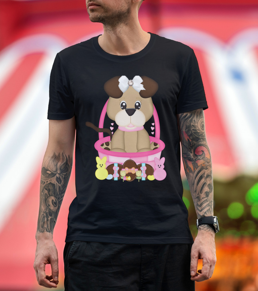 Cute Puppy Sitting in Pink Basket with Bunny Candy Hearts T-Shirt