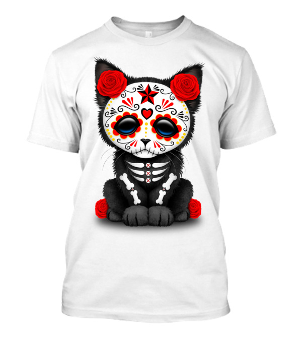 Cute Red Roses Day Of The Dead Kitten Cat Skulls T-Shirt