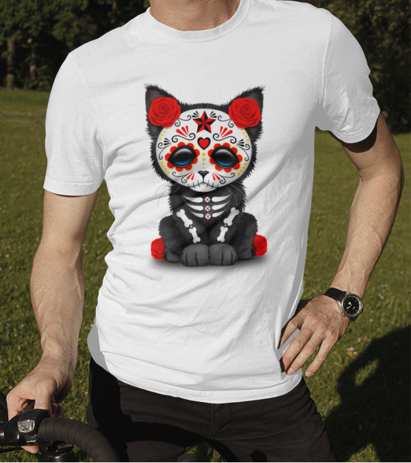 Cute Red Roses Day Of The Dead Kitten Cat Skulls T-Shirt