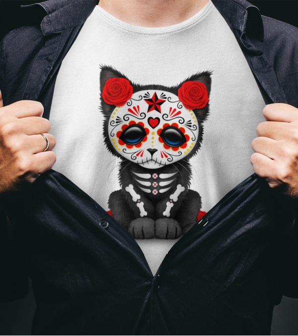 Cute Red Roses Day Of The Dead Kitten Cat Skulls T-Shirt