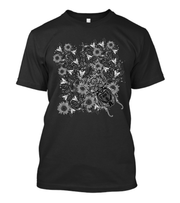 Bug Over Sunflowers And Moths In Intricate Nature Motif T-Shirt