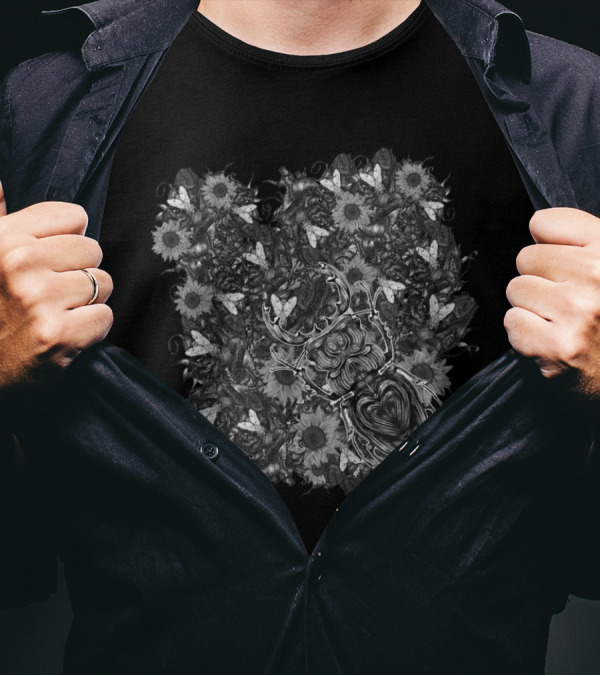Bug Over Sunflowers And Moths In Intricate Nature Motif T-Shirt