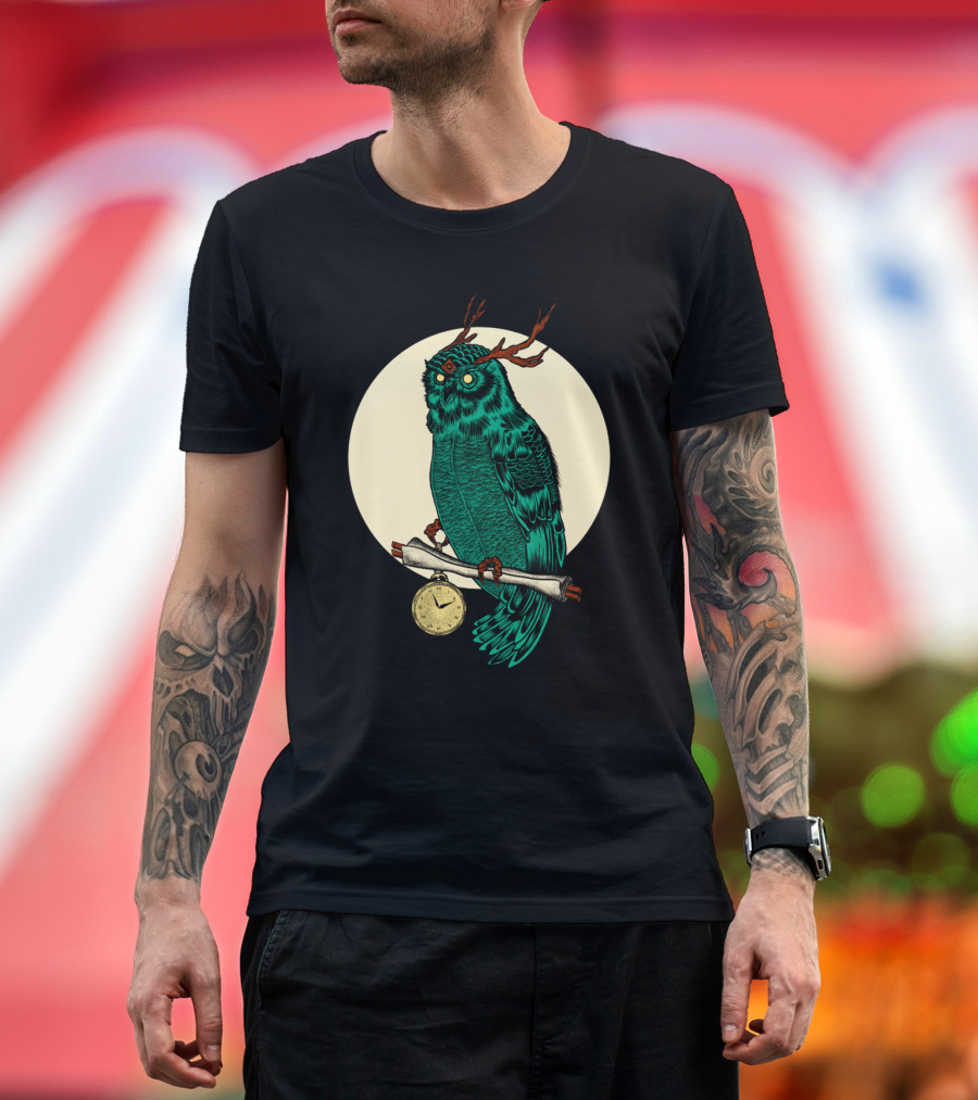 Essentric Owl with Antlers and Pocket Watch Perched on Scroll T-Shirt