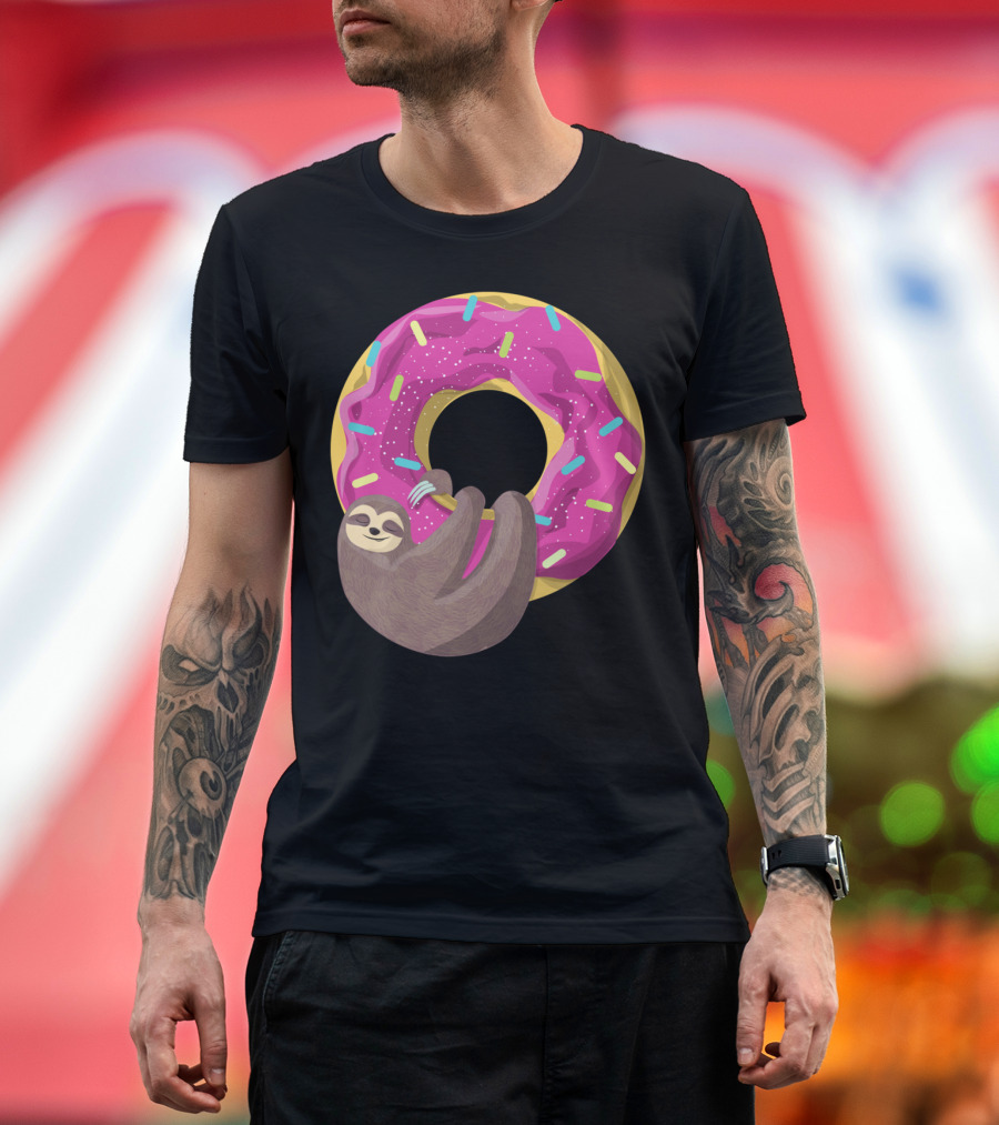 Adorable Sloth Dangling from a Colorful Frosted Donut T-Shirt