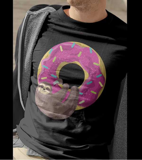 Adorable Sloth Dangling From A Colorful Frosted Donut T-Shirt