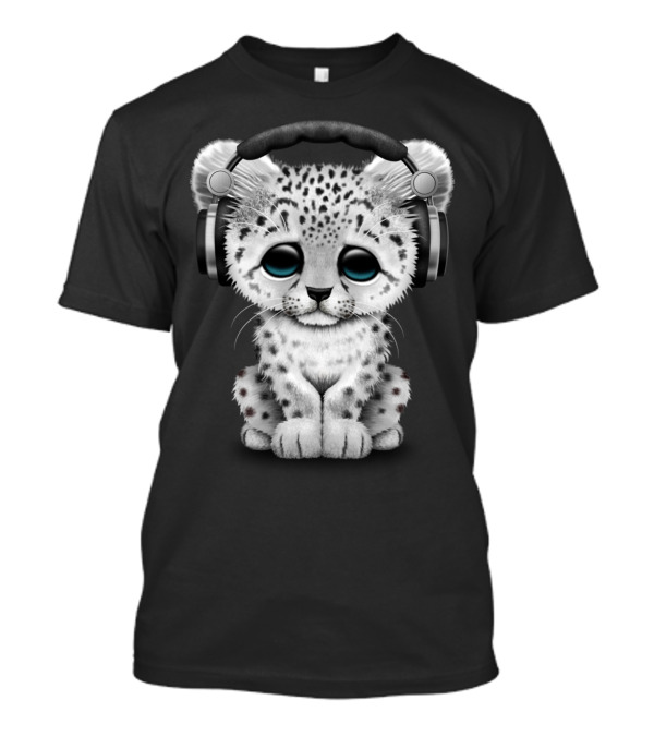 Cute Snow Leopard Cub DJ Wearing Headphones With Adorable Expression T-Shirt