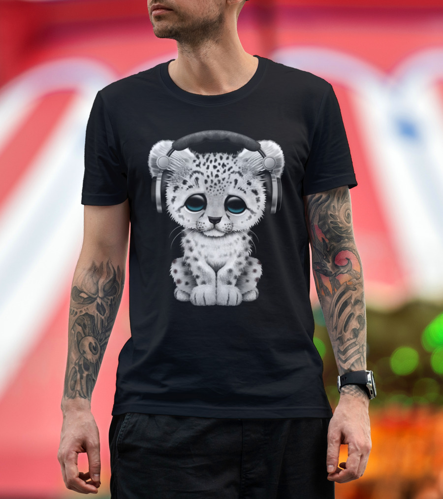 Cute Snow Leopard Cub DJ Wearing Headphones with Adorable Expression T-Shirt