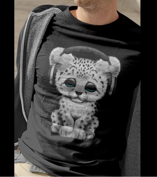 Cute Snow Leopard Cub DJ Wearing Headphones With Adorable Expression T-Shirt