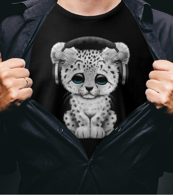 Cute Snow Leopard Cub DJ Wearing Headphones With Adorable Expression T-Shirt