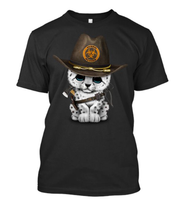 Cute Snow Leopard Cub With Zombie Hunter Badge And Cowboy Hat T-Shirt