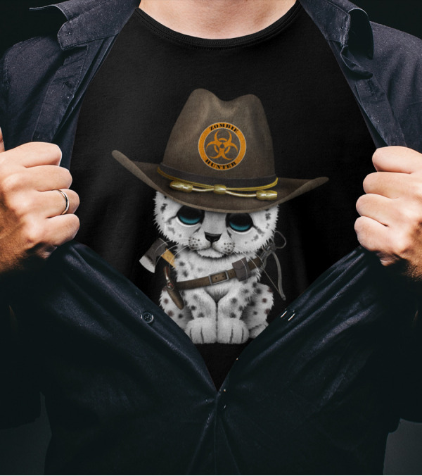 Cute Snow Leopard Cub With Zombie Hunter Badge And Cowboy Hat T-Shirt