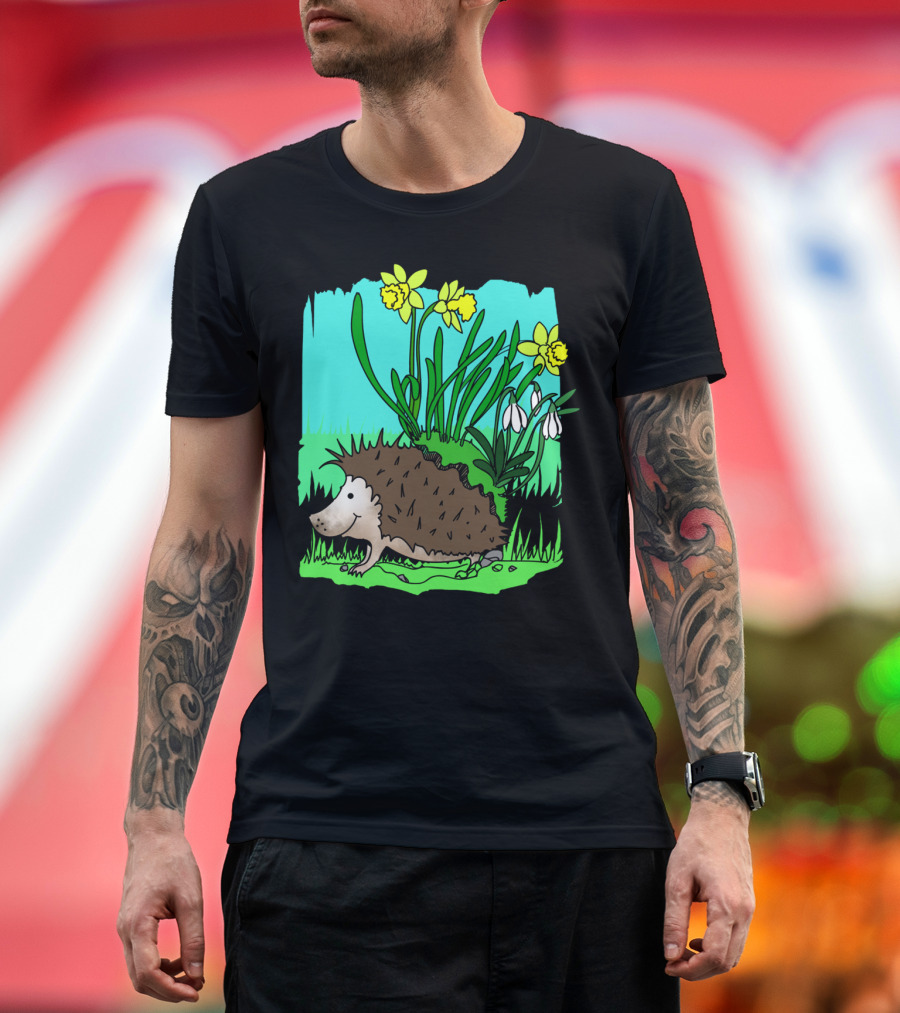 Cute Spring Hedgehog With Daffodils and Green Meadow T-Shirt