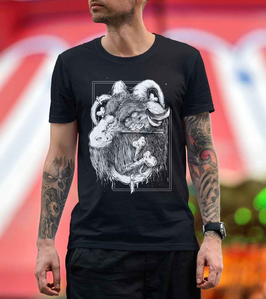 GOAT T Skull Illustration with Horns and Crossbones T-Shirt