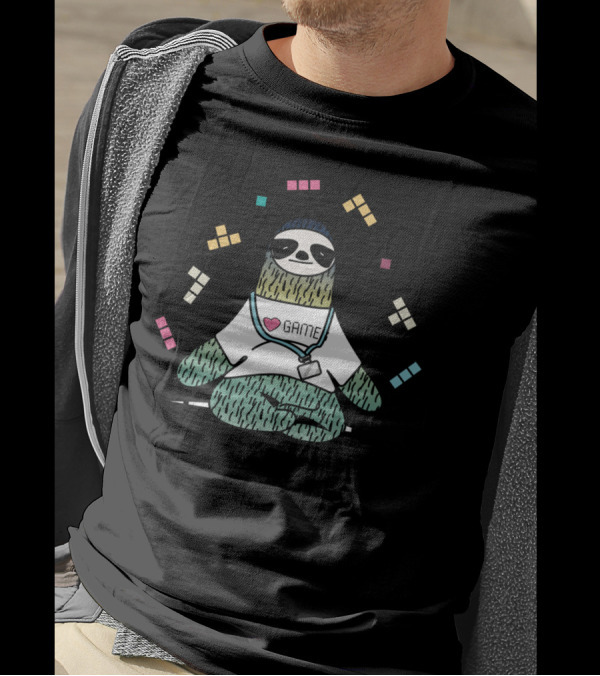Cute Yoga Pose Sloth Heart Game Retro Blocks T-Shirt