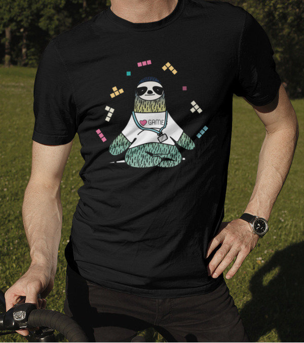 Cute Yoga Pose Sloth Heart Game Retro Blocks T-Shirt