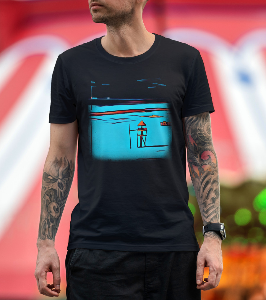 Bay Tower Coastal Sunset Scene with Lifeguard Station T-Shirt