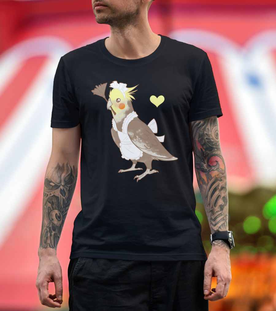 Cockatiel Maid Bird with Feather Duster and Heart T-Shirt