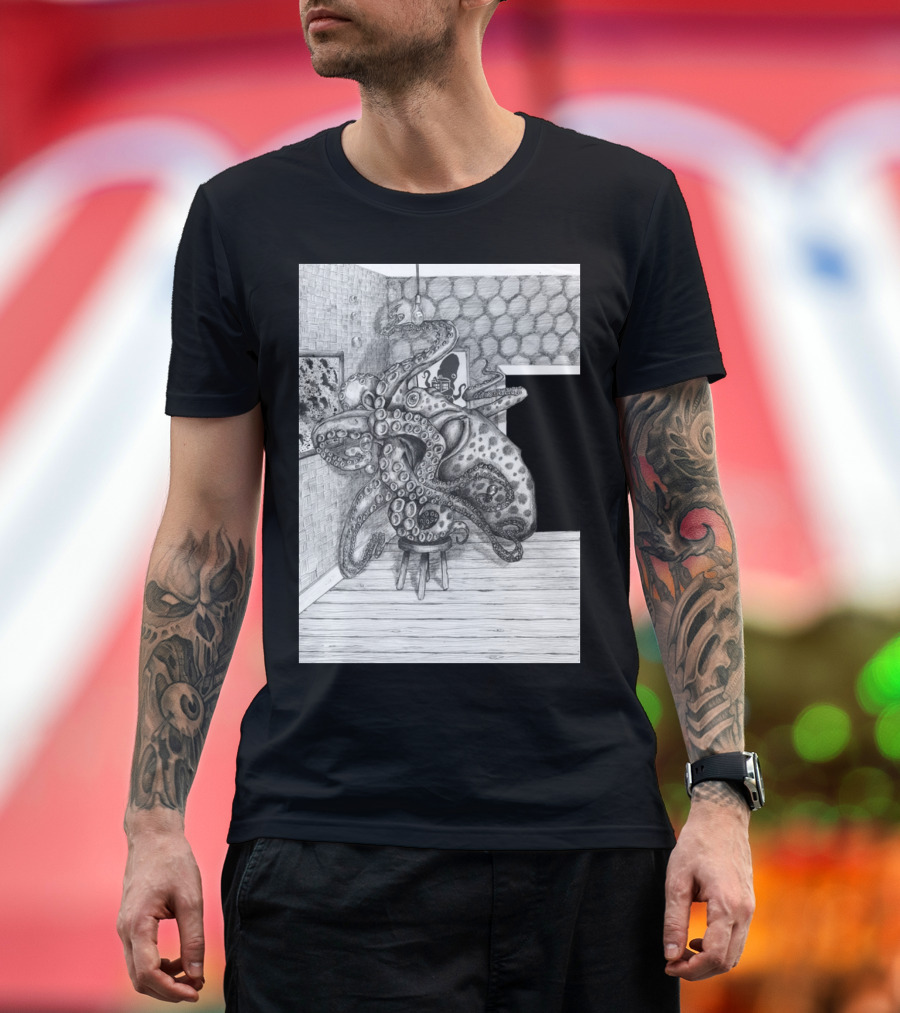 Octopus Changing a Light Bulb Art Print Detailed T-Shirt