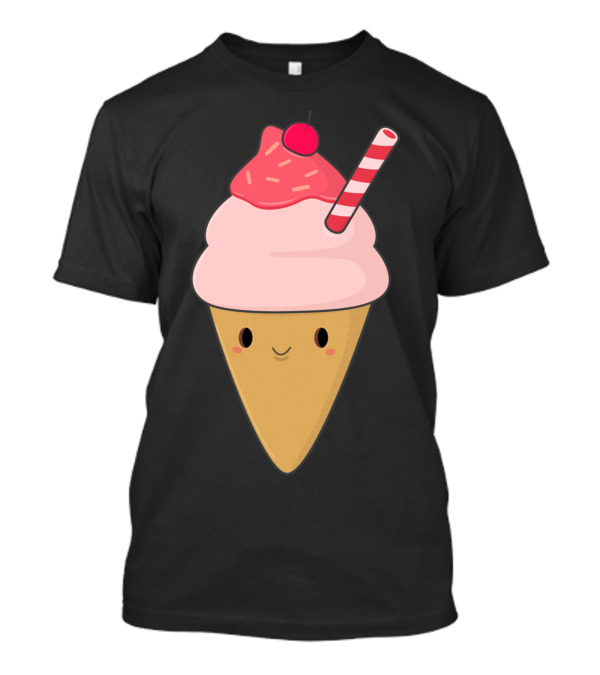 Kawaii Ice Cream Cone With Cherry And Striped Straw T-Shirt