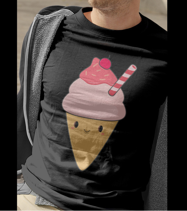 Kawaii Ice Cream Cone With Cherry And Striped Straw T-Shirt