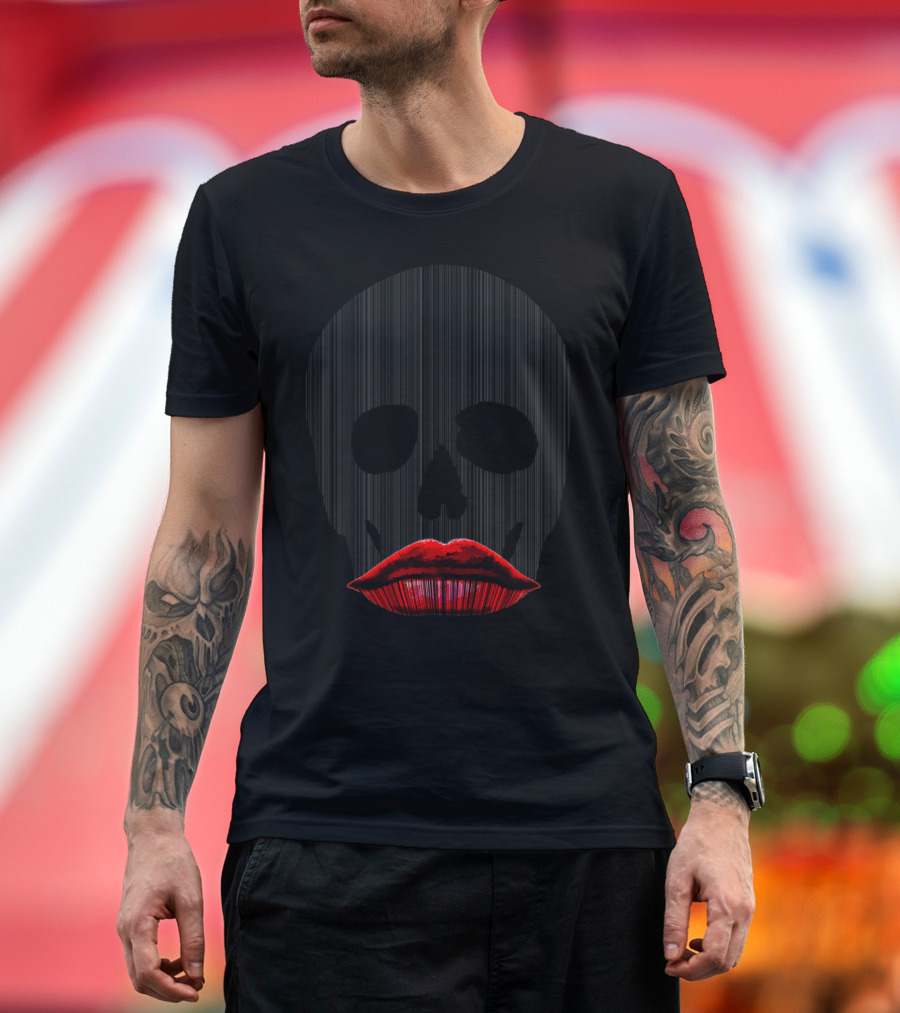 LIP SERVICE Barcode Skull with Red Lips T-Shirt