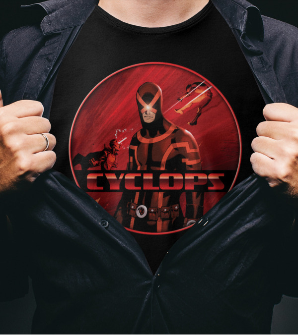 Cyclops Action Hero In Red Dynamic Scene T-Shirt