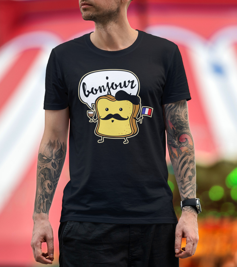 Bonjour French Toast Character Holding Flag and Wine T-Shirt