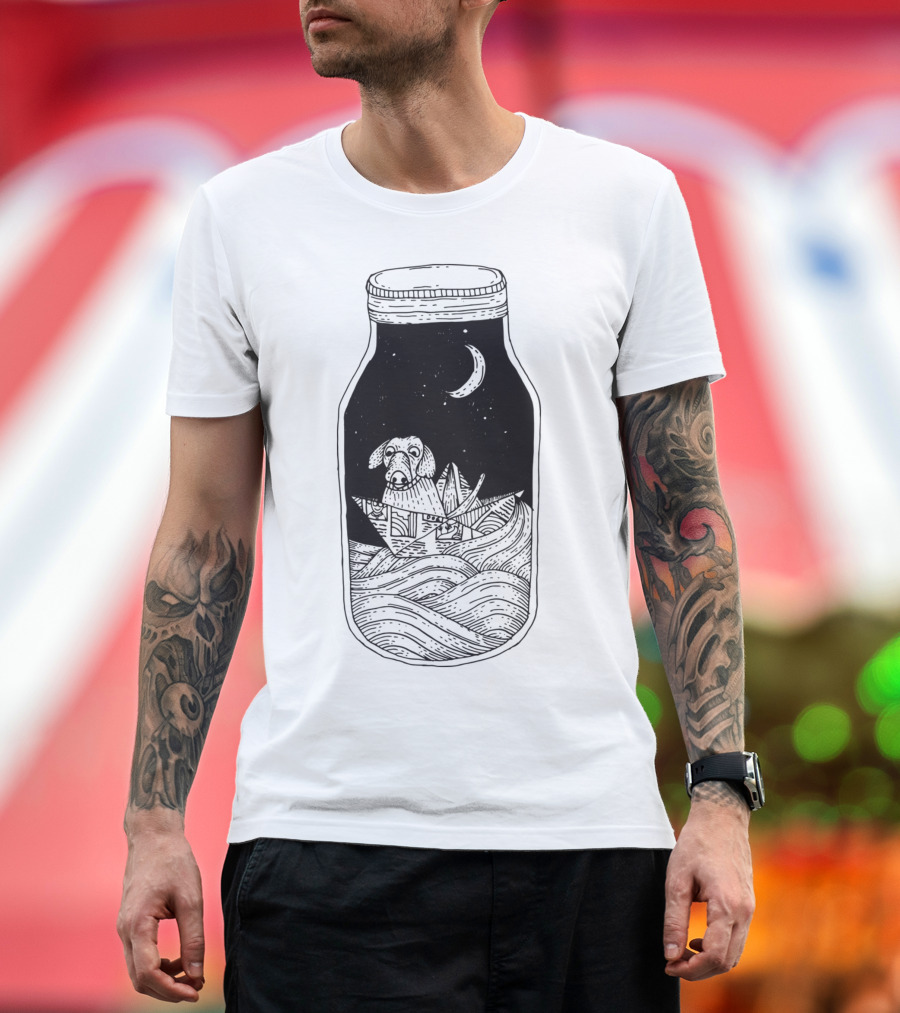 Dog In The Bottle Paper Boat Under Moonlight T-Shirt