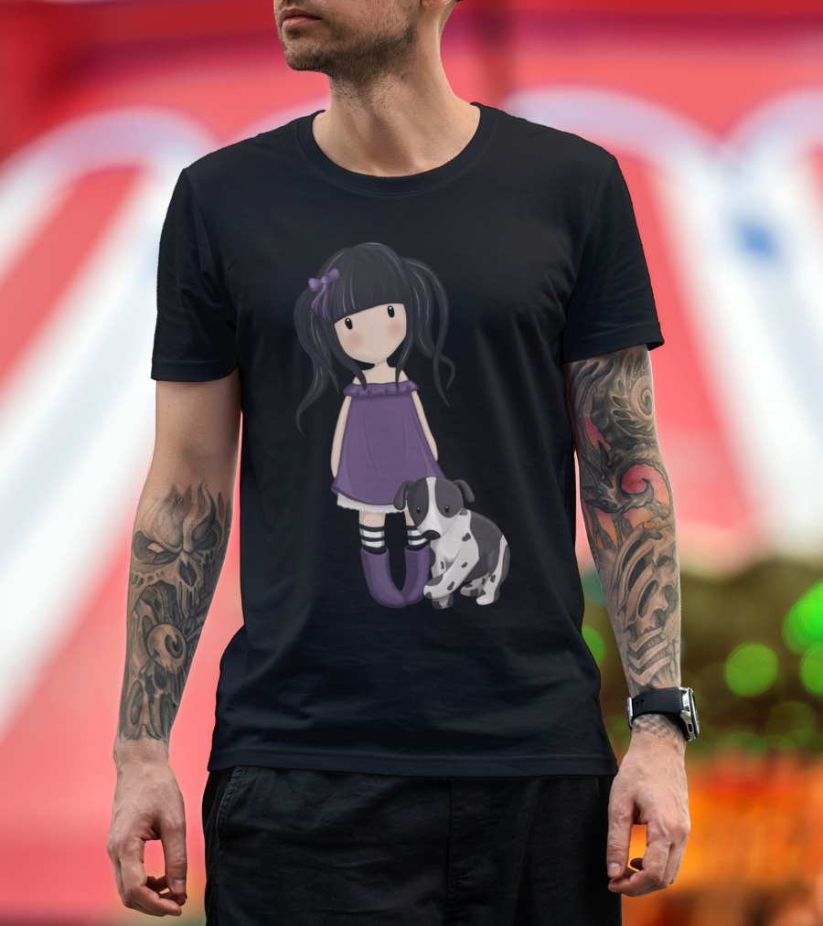 Dolly Girl and Spotted Dog in Purple Dress with Black Hair and Bow T-Shirt