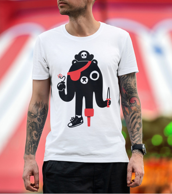 Premium T-Shirt: BeARRR Pirate Bear with Skull Hat Eyepatch Peg Leg and Dagger T-Shirt BeARRR Pirate Bear with Skull Hat Eyepatch Peg Leg and Dagger T-Shirt