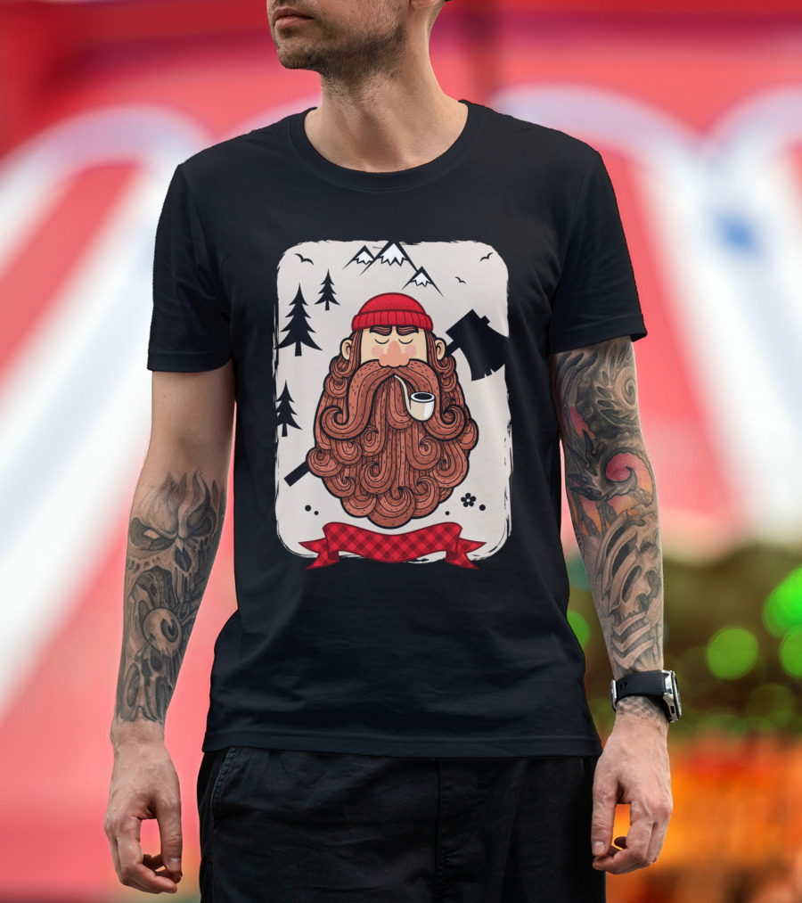 Lumberjack Bearded Woodsman with Axe and Red Plaid Banner T-Shirt