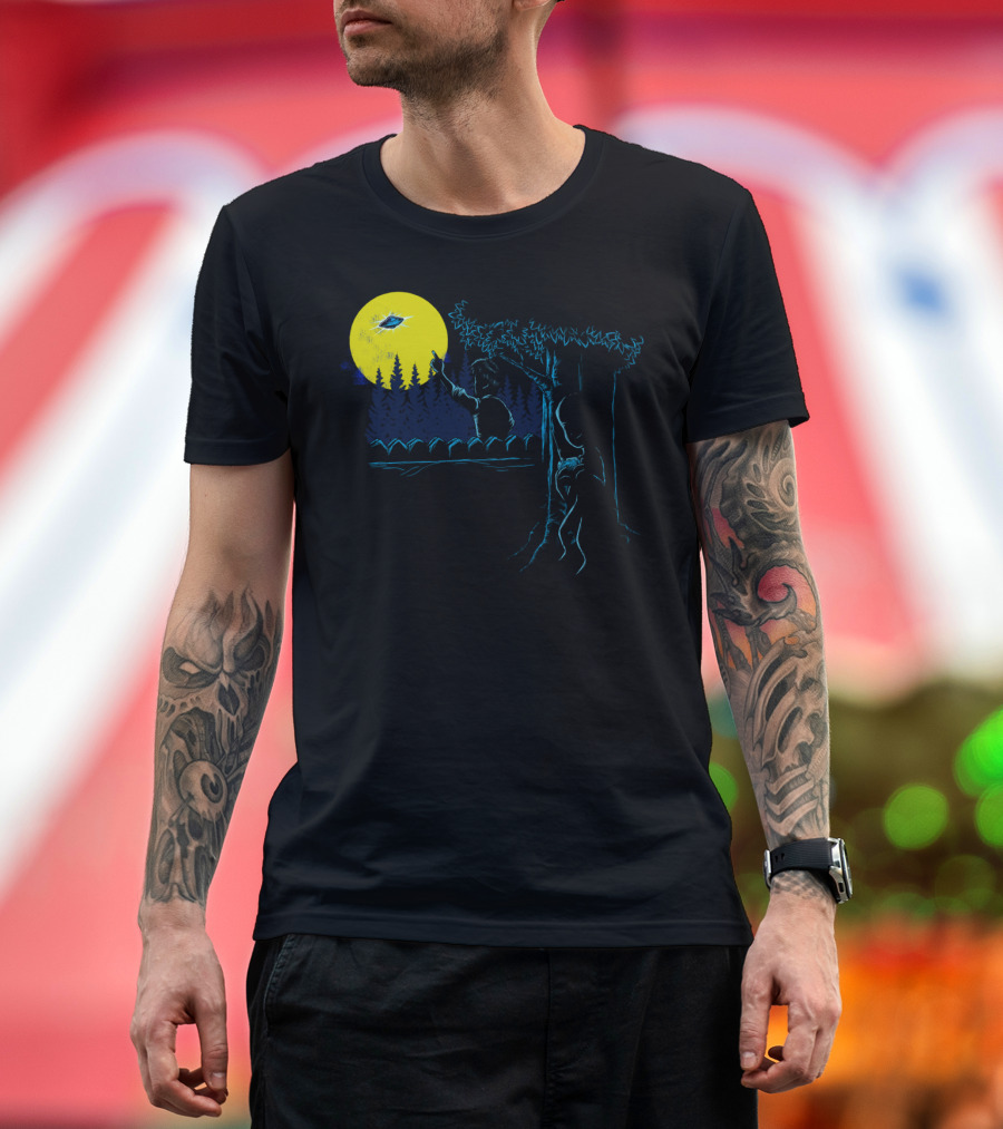Alien Toy and Child Pointing at UFO by Moonlit Fence T-Shirt