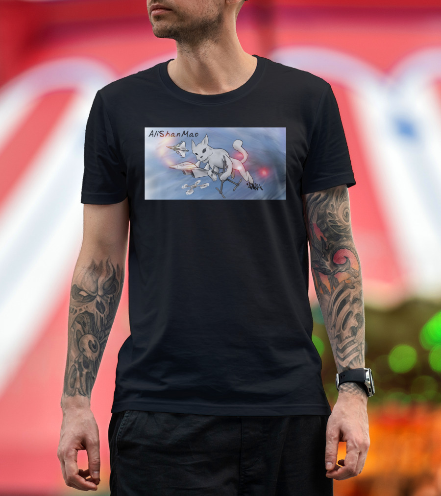 AliShanMao Cat Flying Jet Fighter with Quadcopter Drones and ARXK Signature T-Shirt