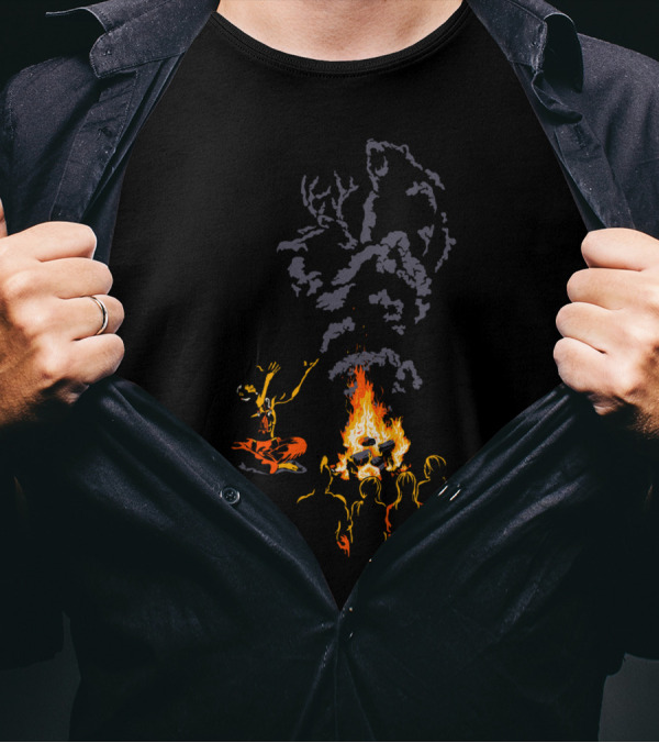 In A Native Tongue Caveman Gathering By Fire With Smoking T-Rex T-Shirt