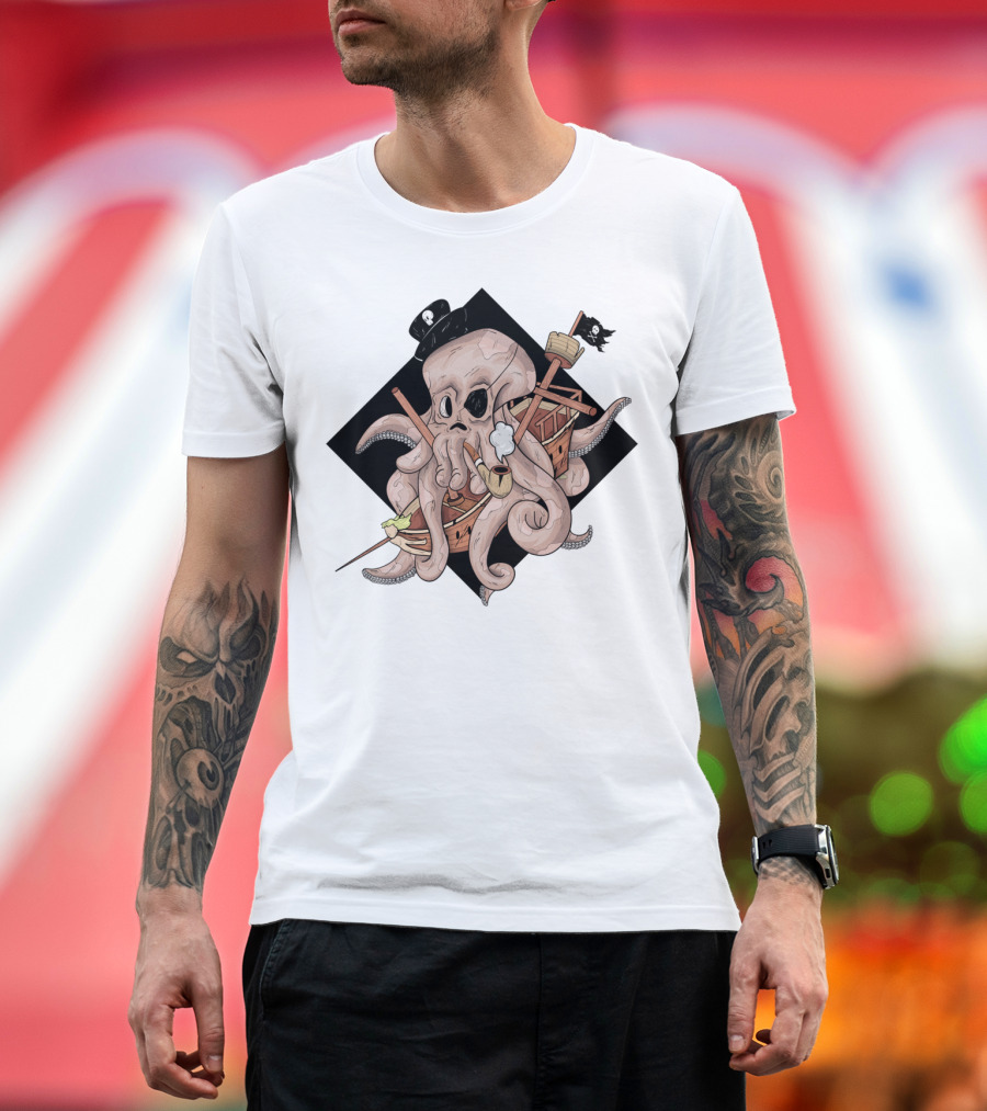 Octopus Pirate Playing Chess in a Boat with Top Hat and Pipe T-Shirt