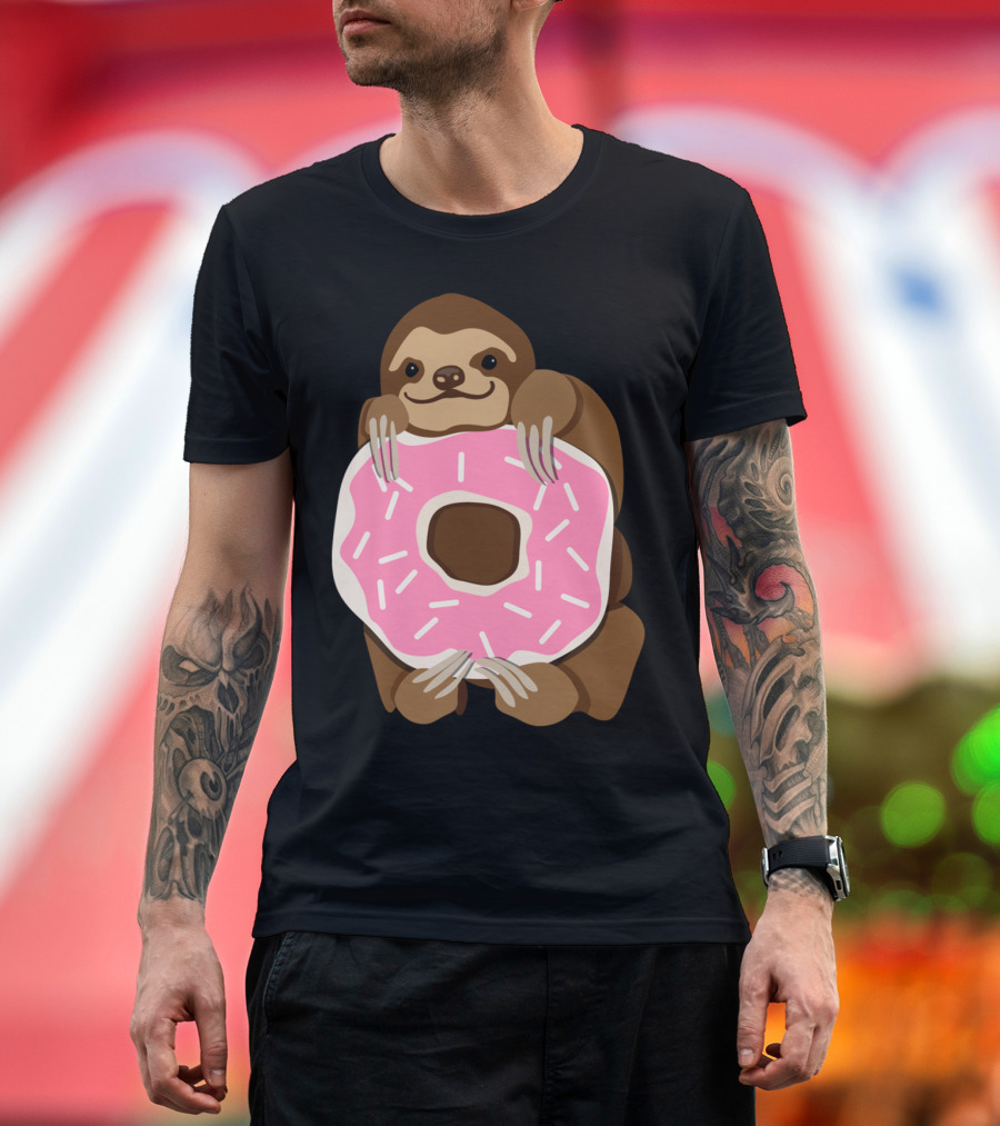 Sloth Hugging Pink Frosted Donut with Sprinkles T-Shirt