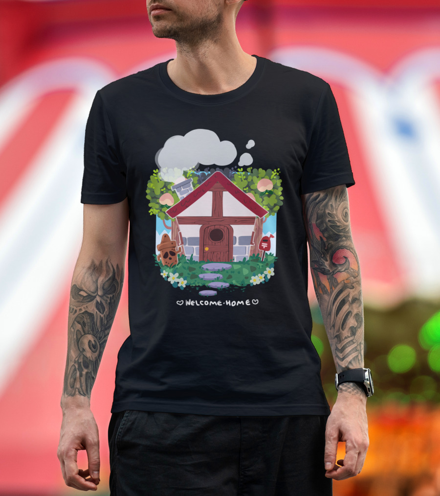 Welcome Home Cottage with Smoke Clouds and Flowers T-Shirt