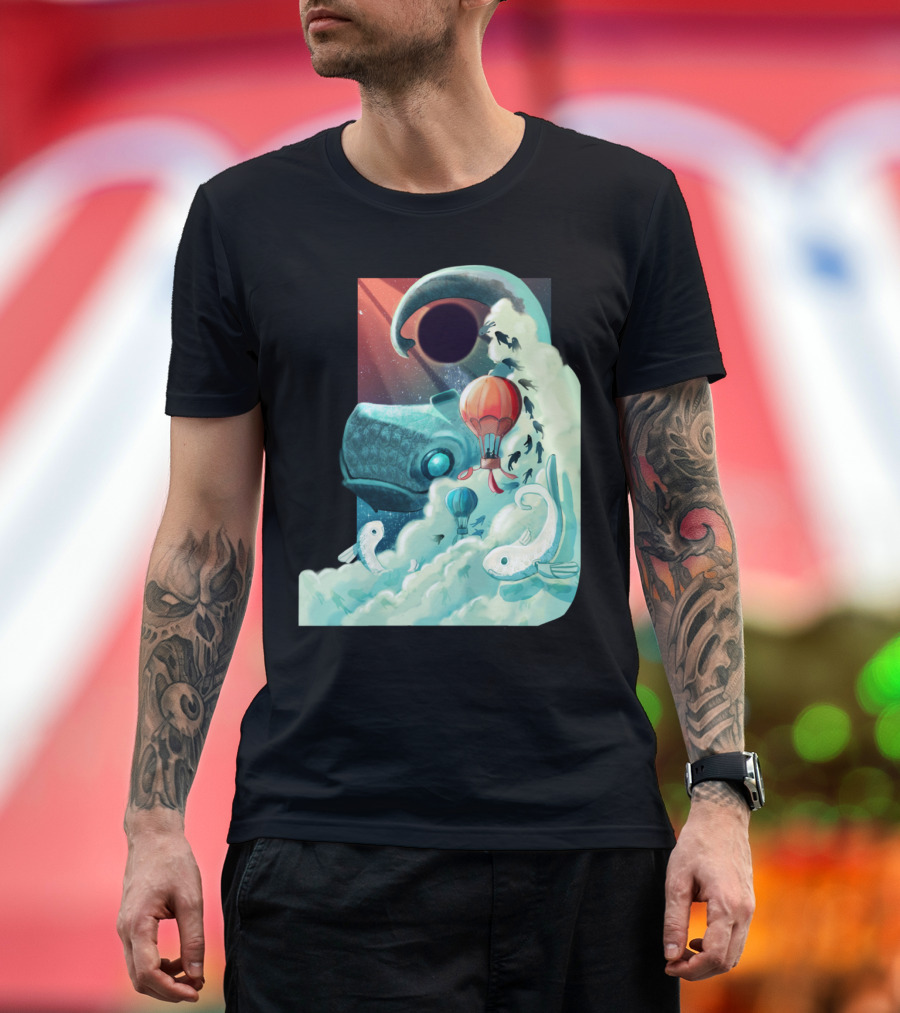 Space Oddity Surreal Cosmic Adventure with Dinosaurs and Hot Air Balloons T-Shirt