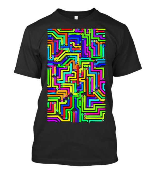 Colorful Circuit Board Neon Maze Geometry T-Shirt