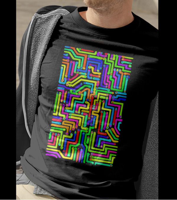 Colorful Circuit Board Neon Maze Geometry T-Shirt