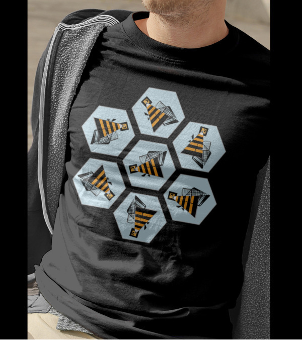 Bees And Honeycombs Hexagon Geometric Pattern With Striped Bee Icons T-Shirt