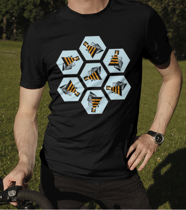 Bees And Honeycombs Hexagon Geometric Pattern With Striped Bee Icons T-Shirt