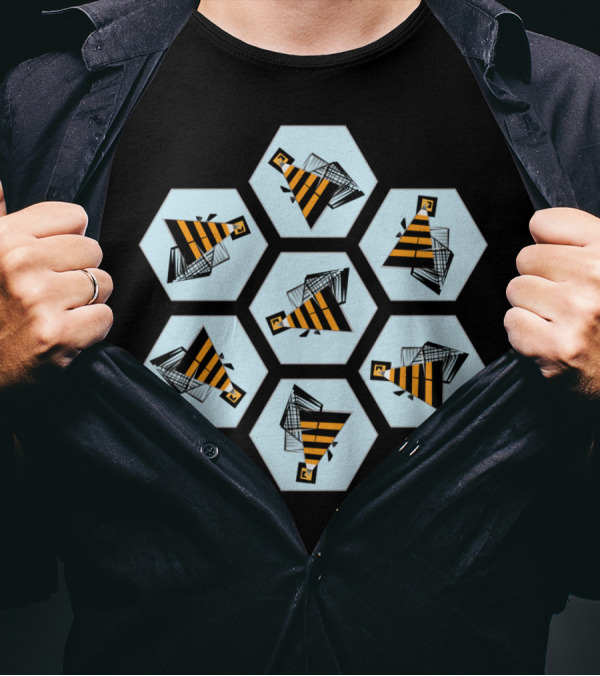 Bees And Honeycombs Hexagon Geometric Pattern With Striped Bee Icons T-Shirt